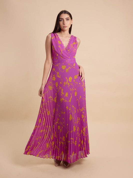 NENETTE Abito lungo plissè magenta con fantasia floreale senape