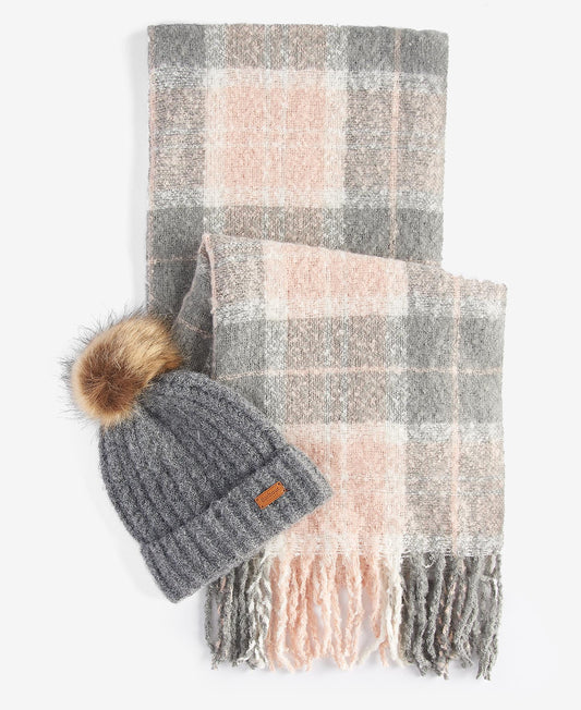 BARBOUR Giftbox Set sciarpa e cappello in bouclè SALTBURN BEANIE & TARTAN SCARF