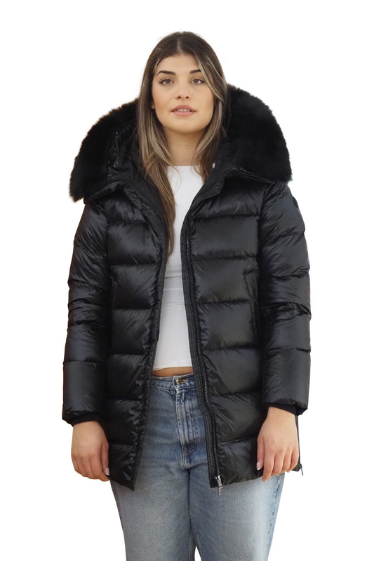 PEOPLE OF SHIBUYA Cappotto in piuma e pelliccia vera trapuntato nero