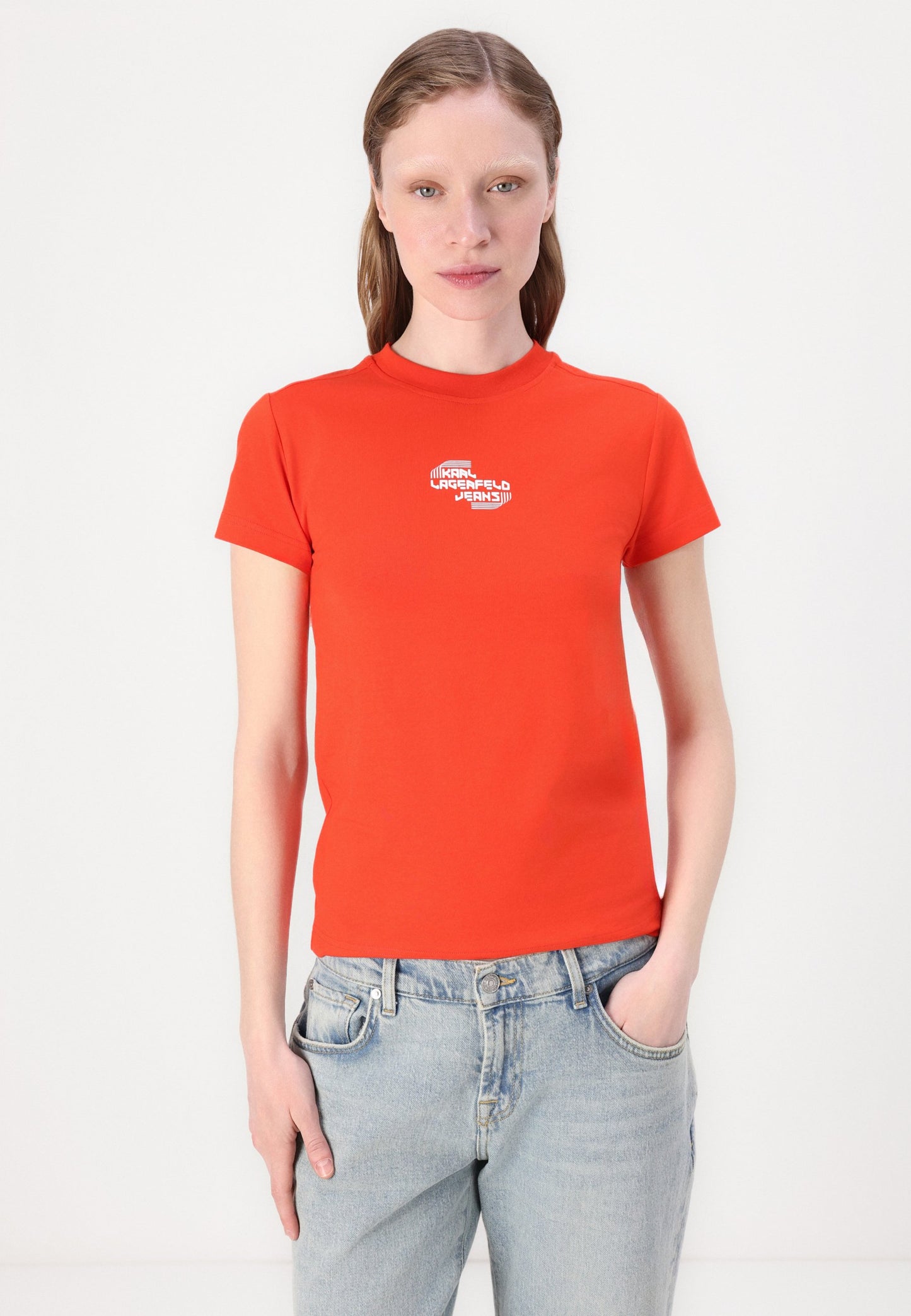 KARL LAGERFELD T-Shirt da donna girocollo maniche corte corallo con logo frontale