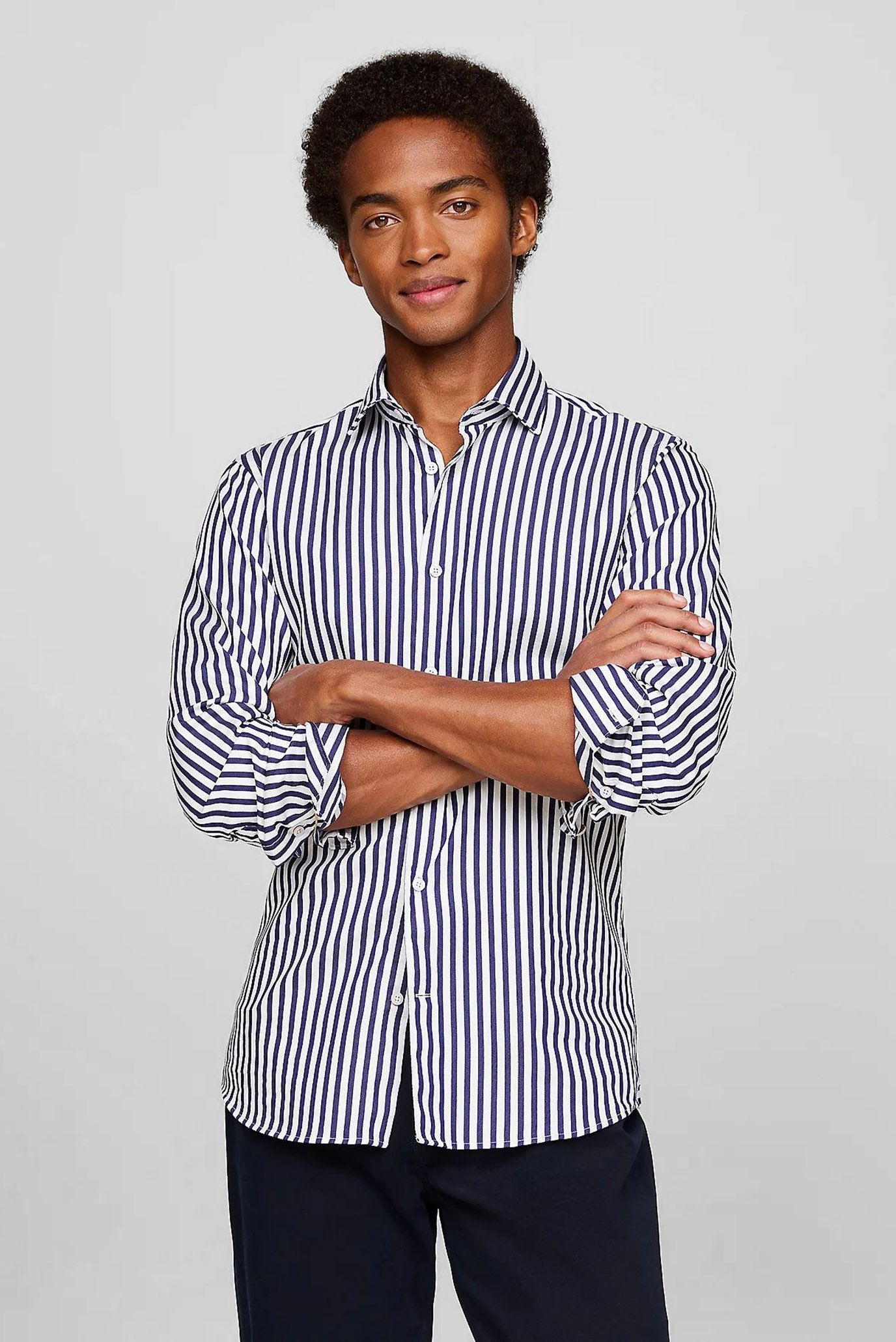 TOMMY HILFIGER Camicia uomo maniche lunghe baiadera blu bianco