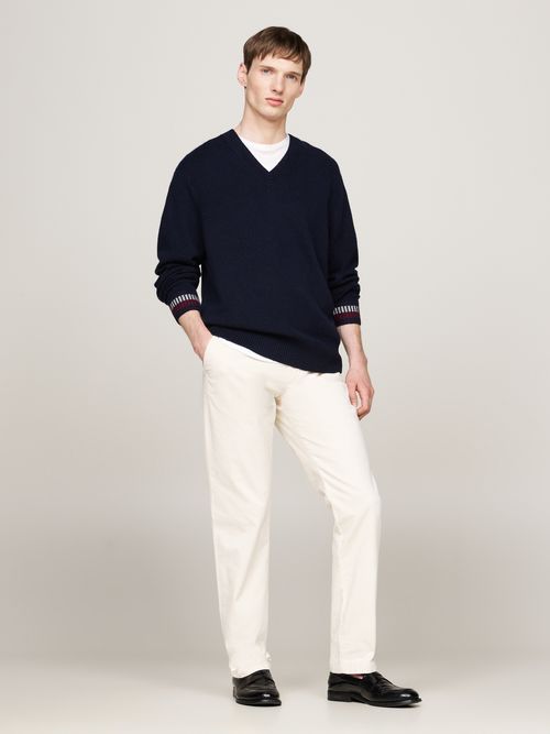 TOMMY HILFIGER Maglia scollo v in misto lana blu con dettaglia a contrasto