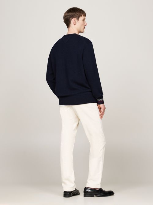 TOMMY HILFIGER Maglia scollo v in misto lana blu con dettaglia a contrasto