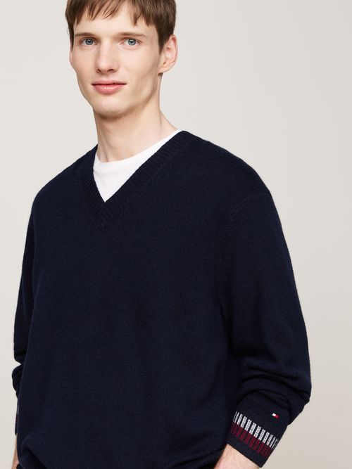 TOMMY HILFIGER Maglia scollo v in misto lana blu con dettaglia a contrasto