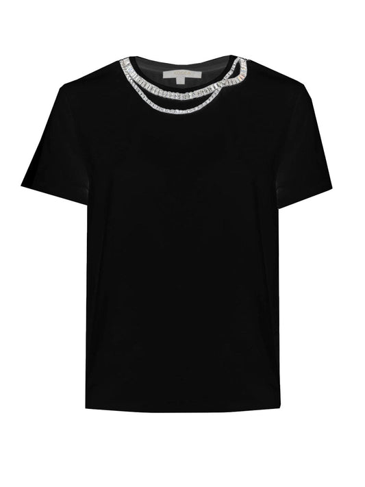 KOCCA T-Shirt maniche corte girocollo nera con giro di stras effetto collana