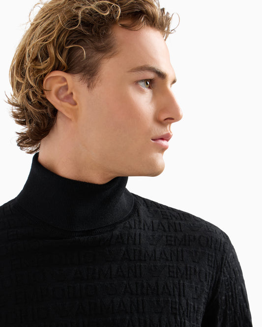 EMPORIO ARMANI Maglione dolcevita in lana vergine con lettering devoré all over