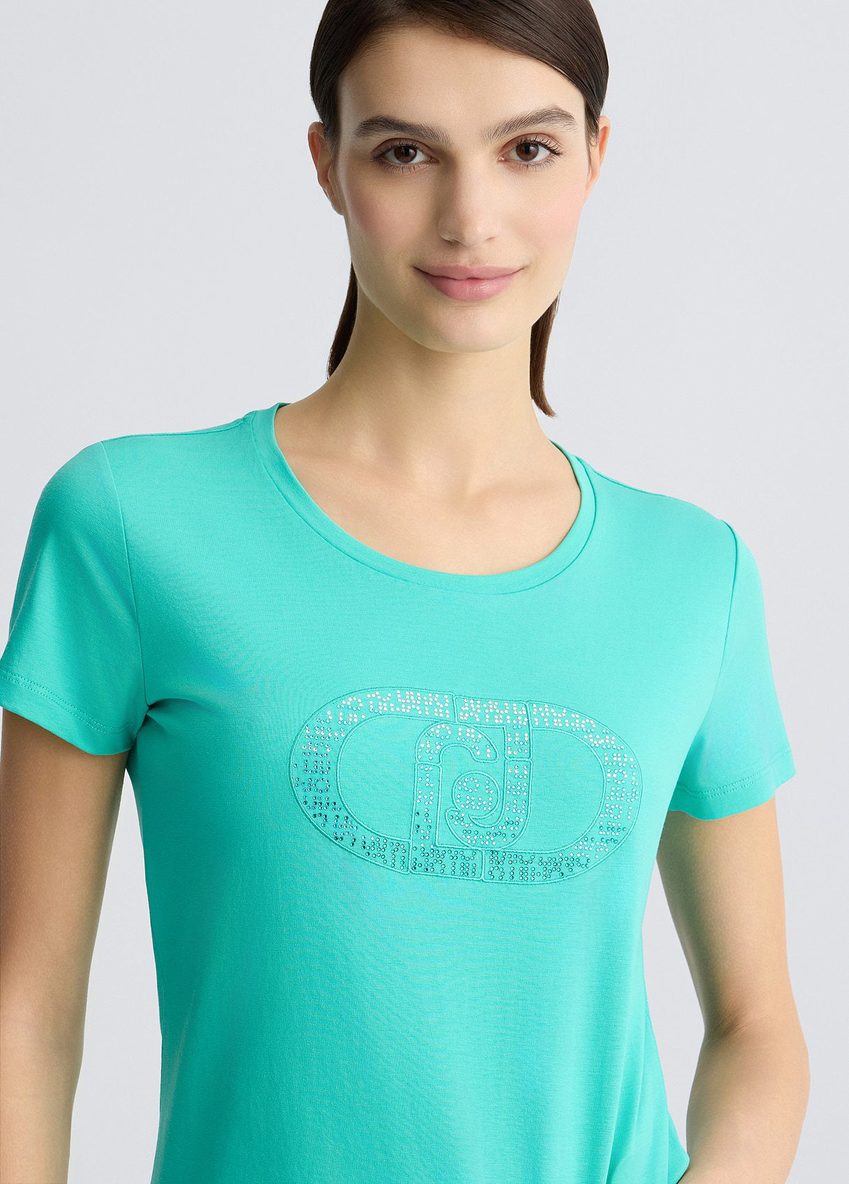 LIU JO T-shirt donna maniche corte girocollo con logo frontale e strass tono su tono tiffany