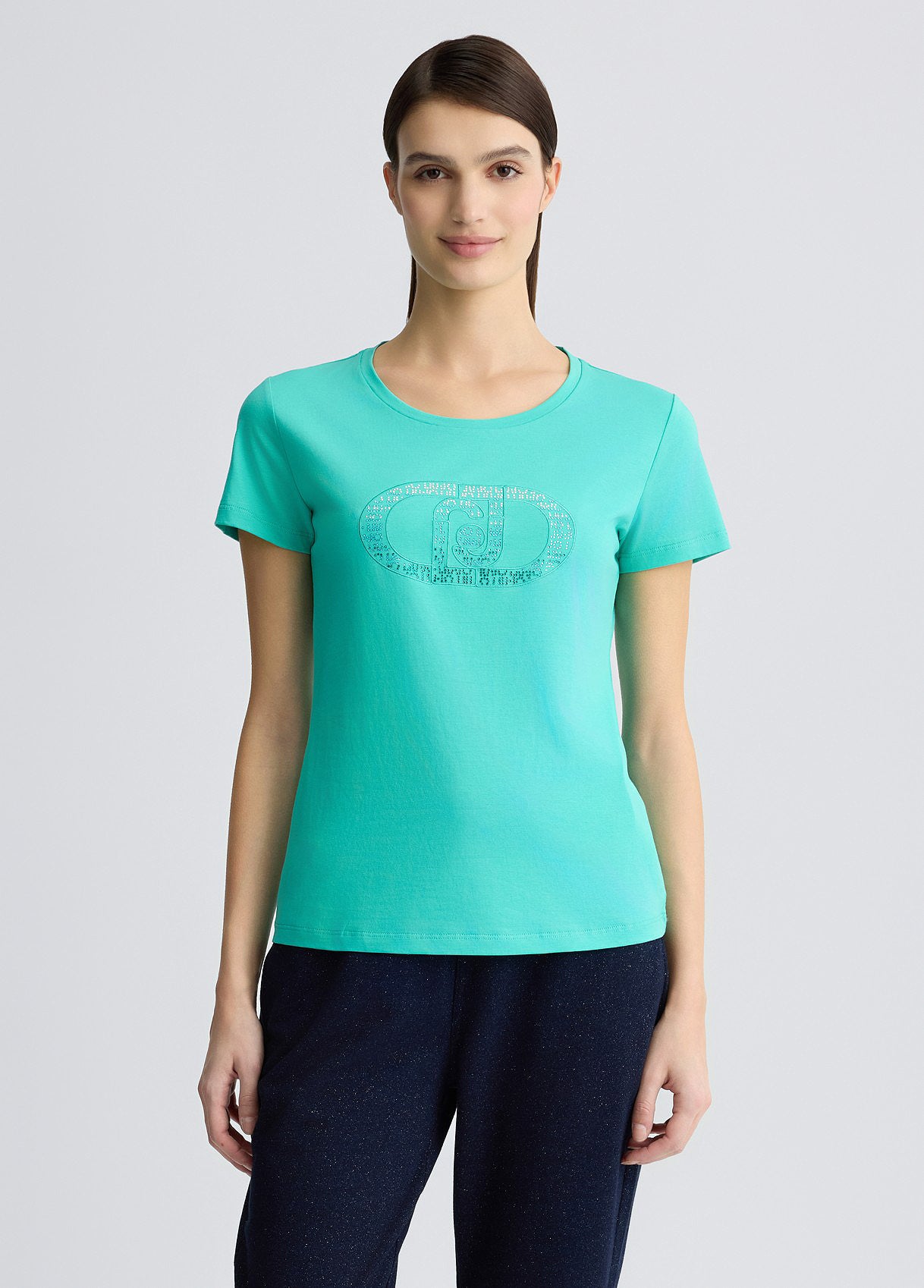 LIU JO T-shirt donna maniche corte girocollo con logo frontale e strass tono su tono tiffany