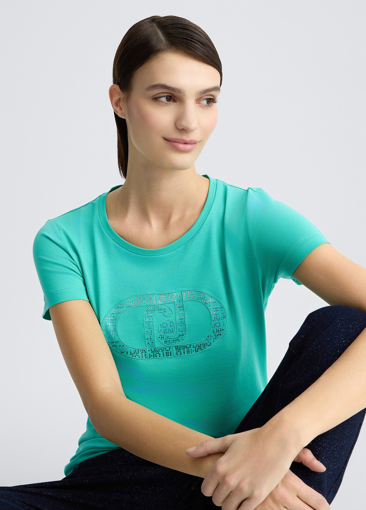 LIU JO T-shirt donna maniche corte girocollo con logo frontale e strass tono su tono tiffany