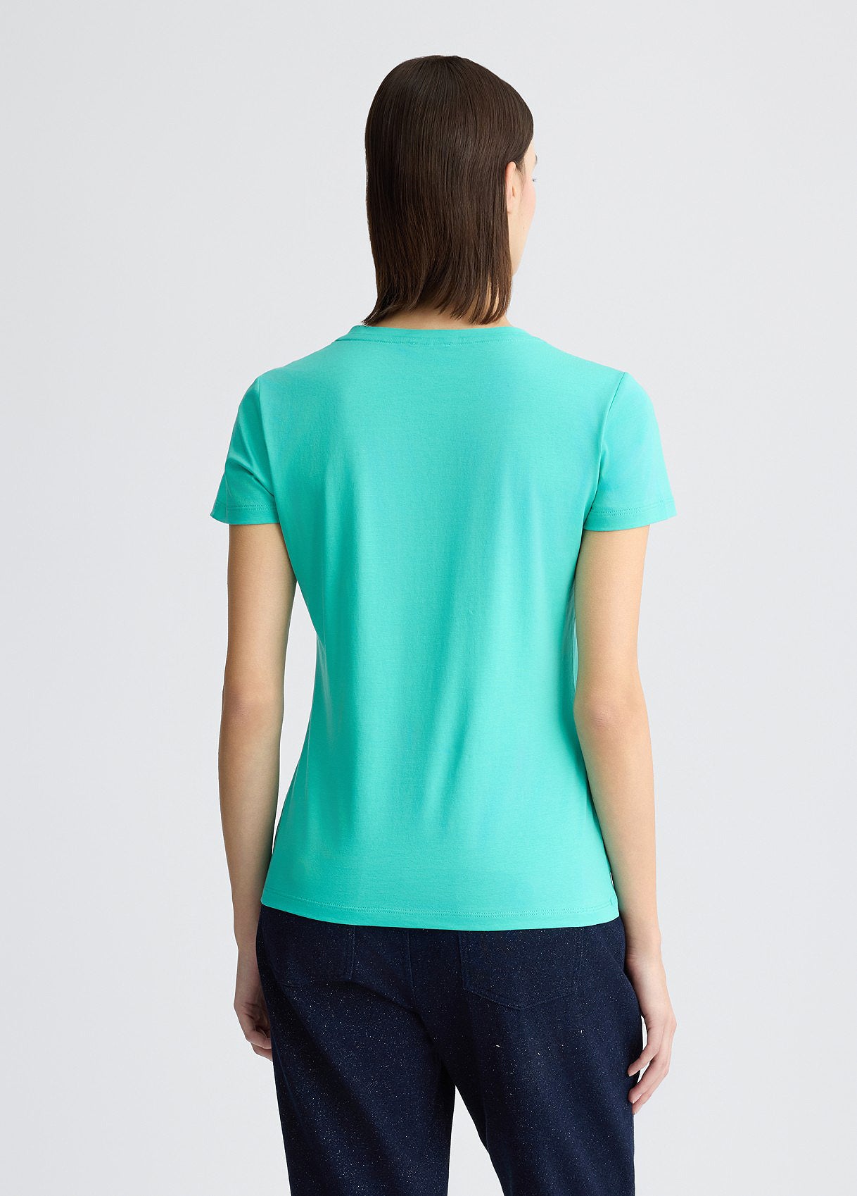 LIU JO T-shirt donna maniche corte girocollo con logo frontale e strass tono su tono tiffany