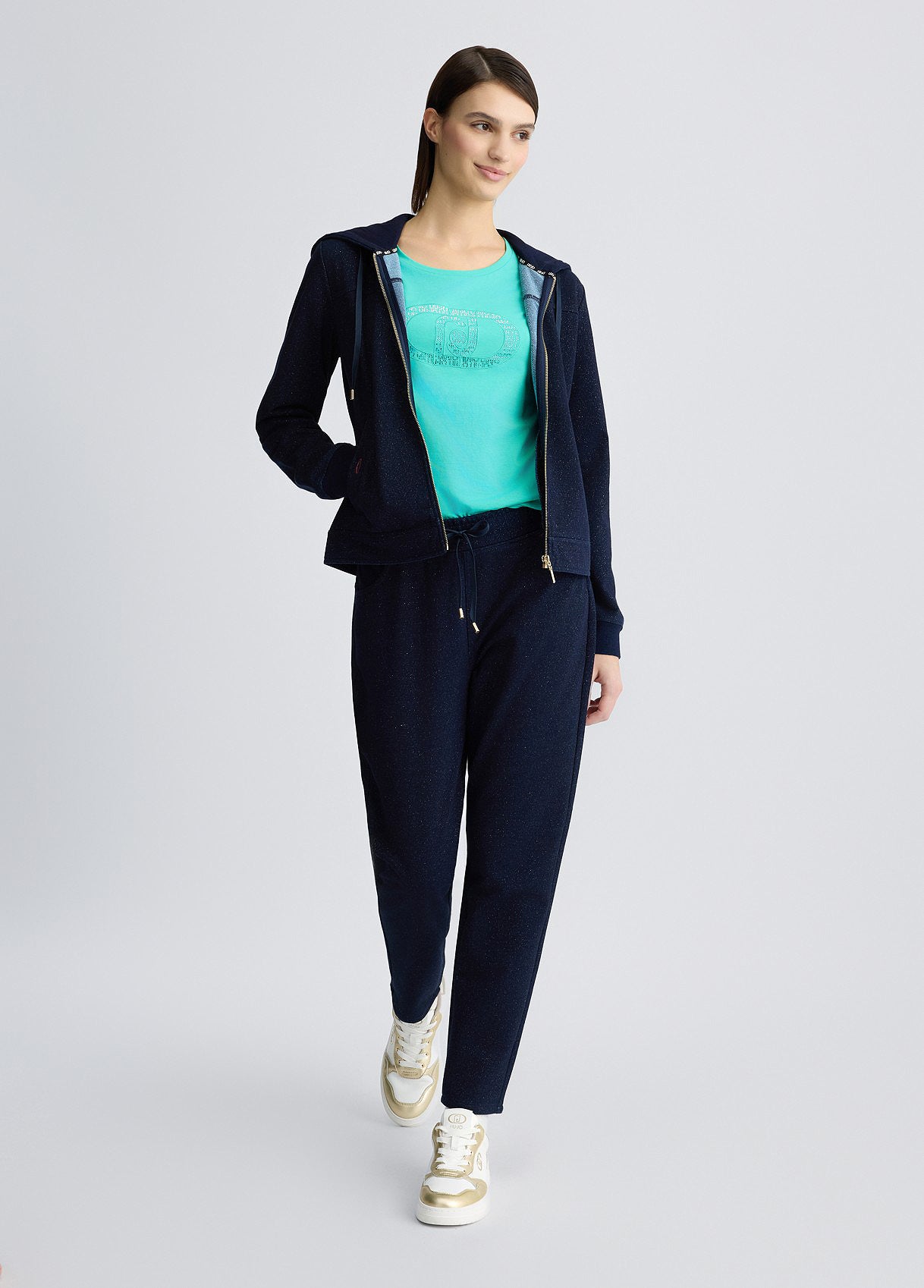 LIU JO T-shirt donna maniche corte girocollo con logo frontale e strass tono su tono tiffany