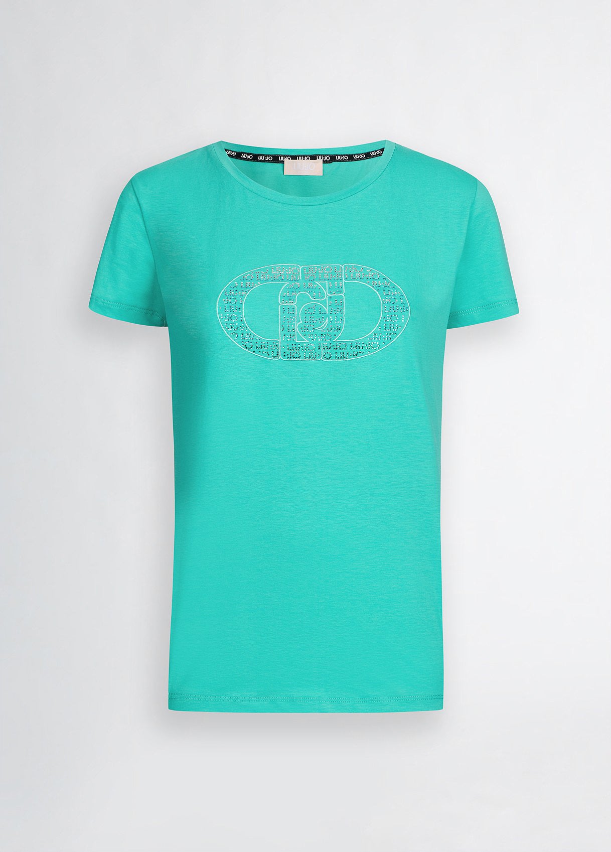 LIU JO T-shirt donna maniche corte girocollo con logo frontale e strass tono su tono tiffany