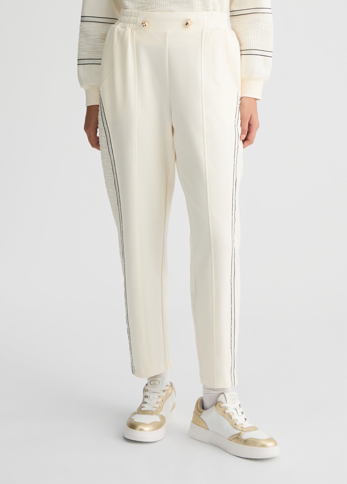 LIU JO Pantaloni donna jogger con inserto laterale bouclè lurex panna