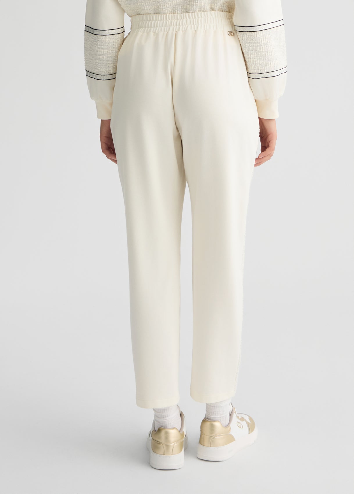 LIU JO Pantaloni donna jogger con inserto laterale bouclè lurex panna