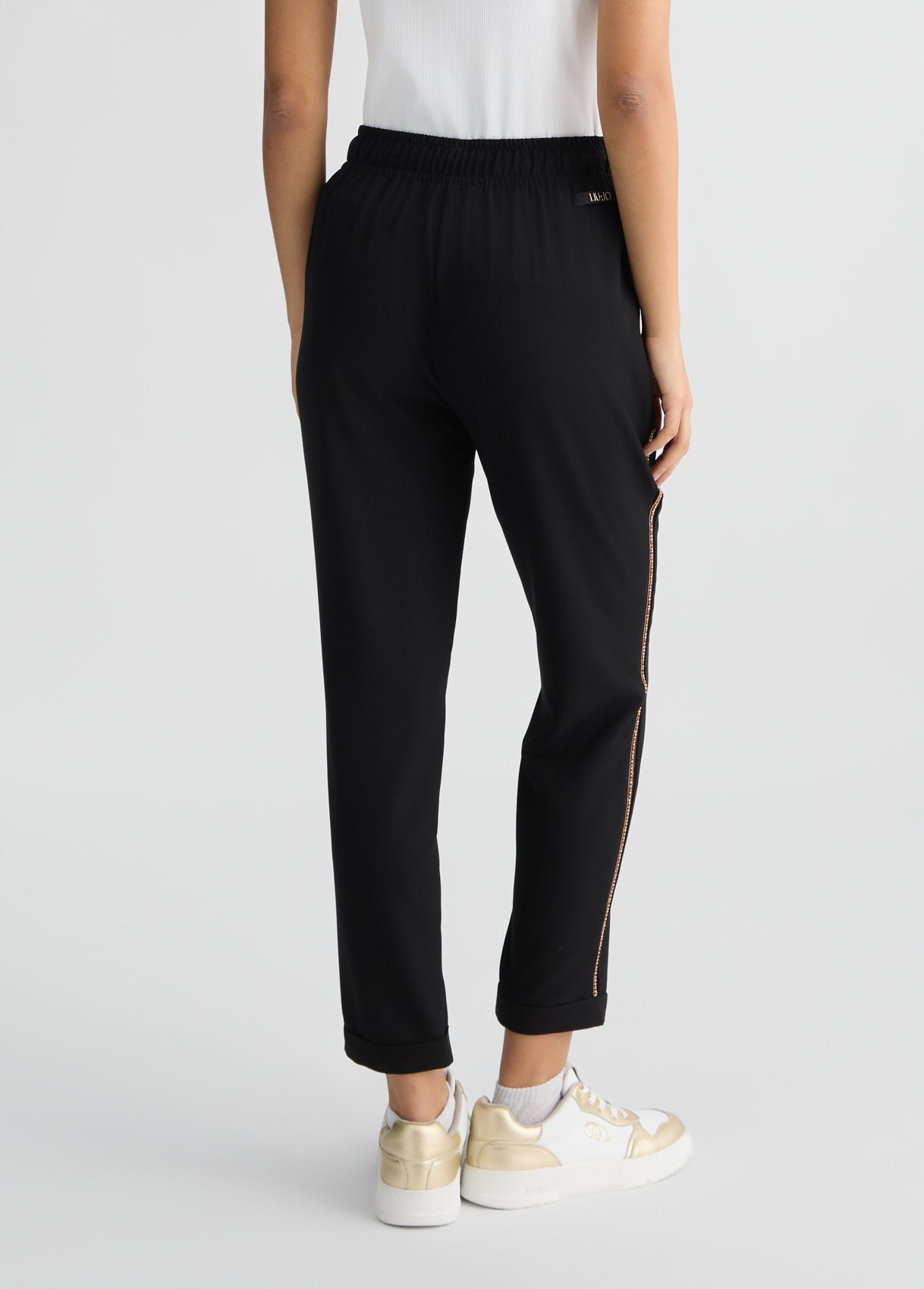 LIU JO Pantaloni jogger donna in crêpe stretch con bande laterali oro