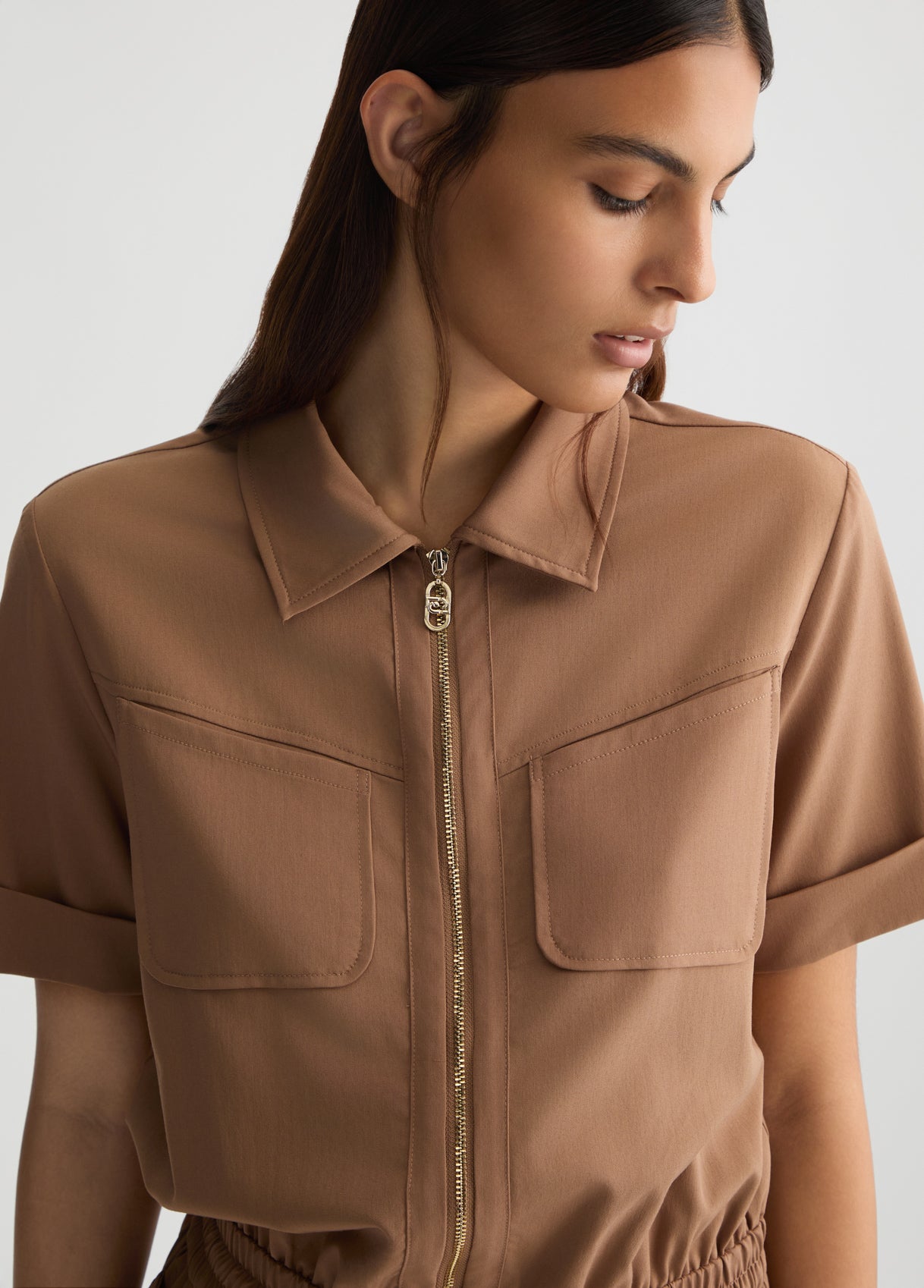LIU JO Tutina corta color caramello con elastico e coulisse