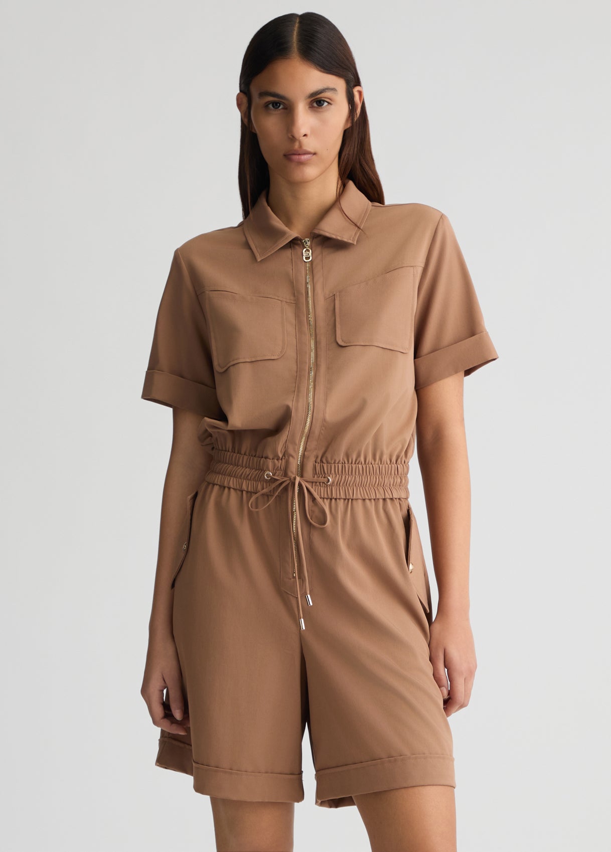 LIU JO Tutina corta color caramello con elastico e coulisse