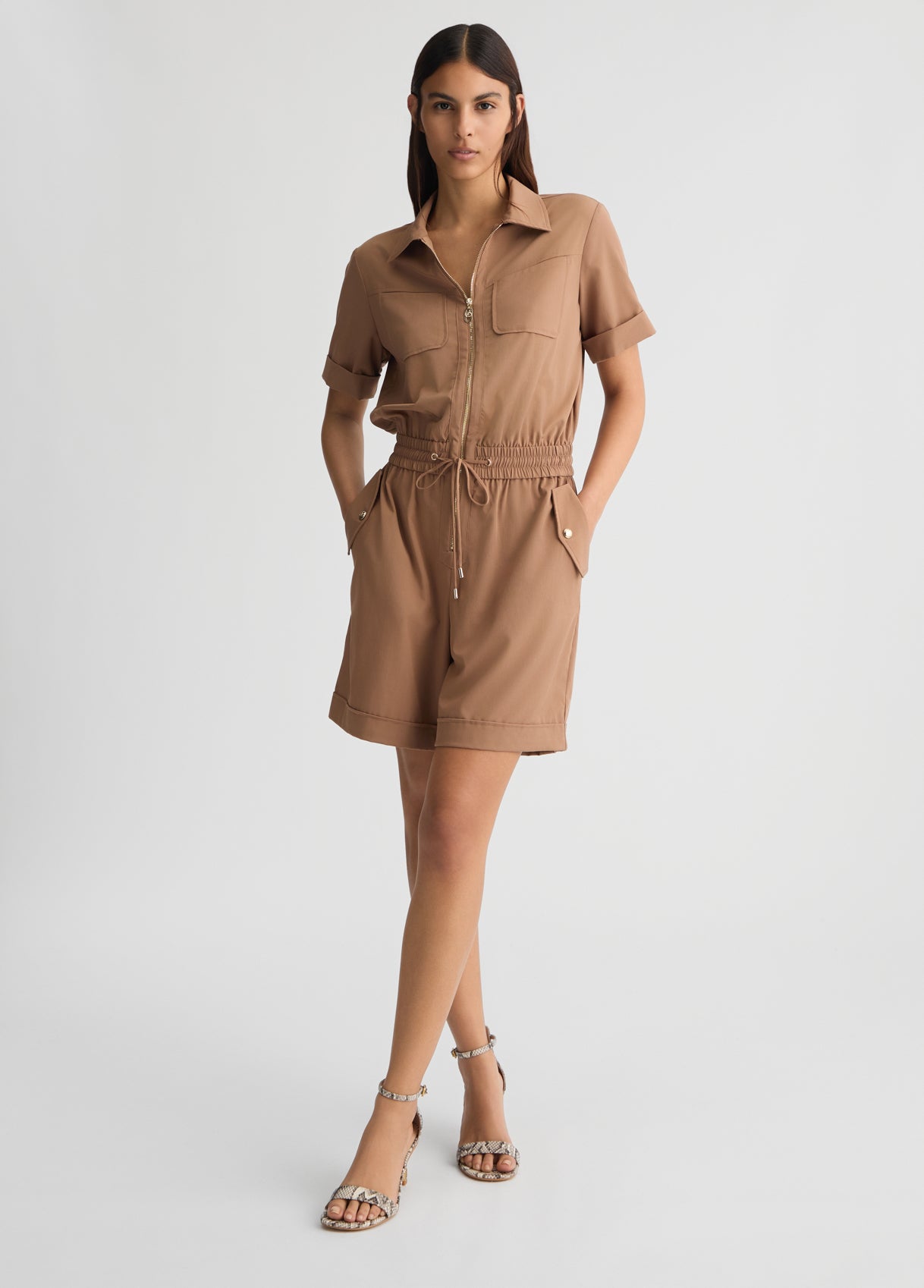 LIU JO Tutina corta color caramello con elastico e coulisse