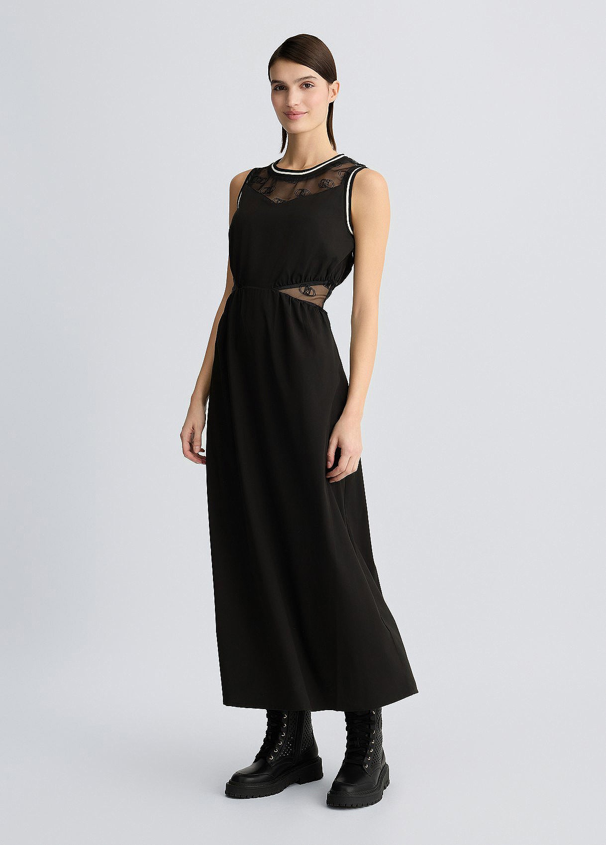 LIU JO Vestito in jersey alla caviglia con inserti in organza stampa loghi all over nero