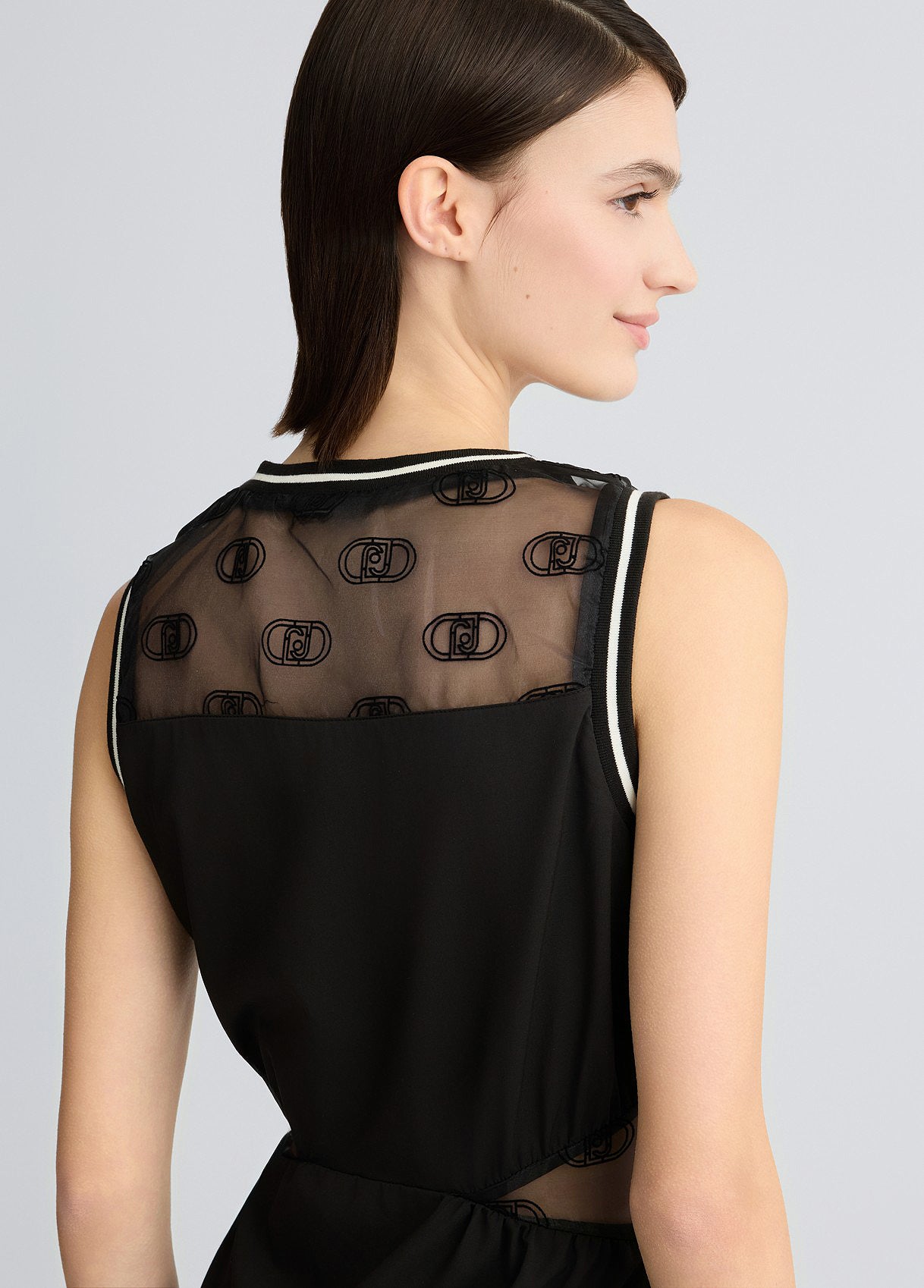 LIU JO Vestito in jersey alla caviglia con inserti in organza stampa loghi all over nero