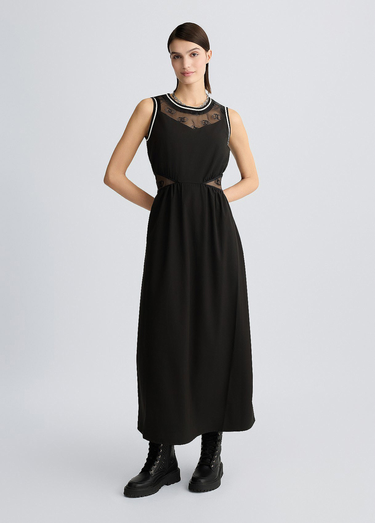LIU JO Vestito in jersey alla caviglia con inserti in organza stampa loghi all over nero