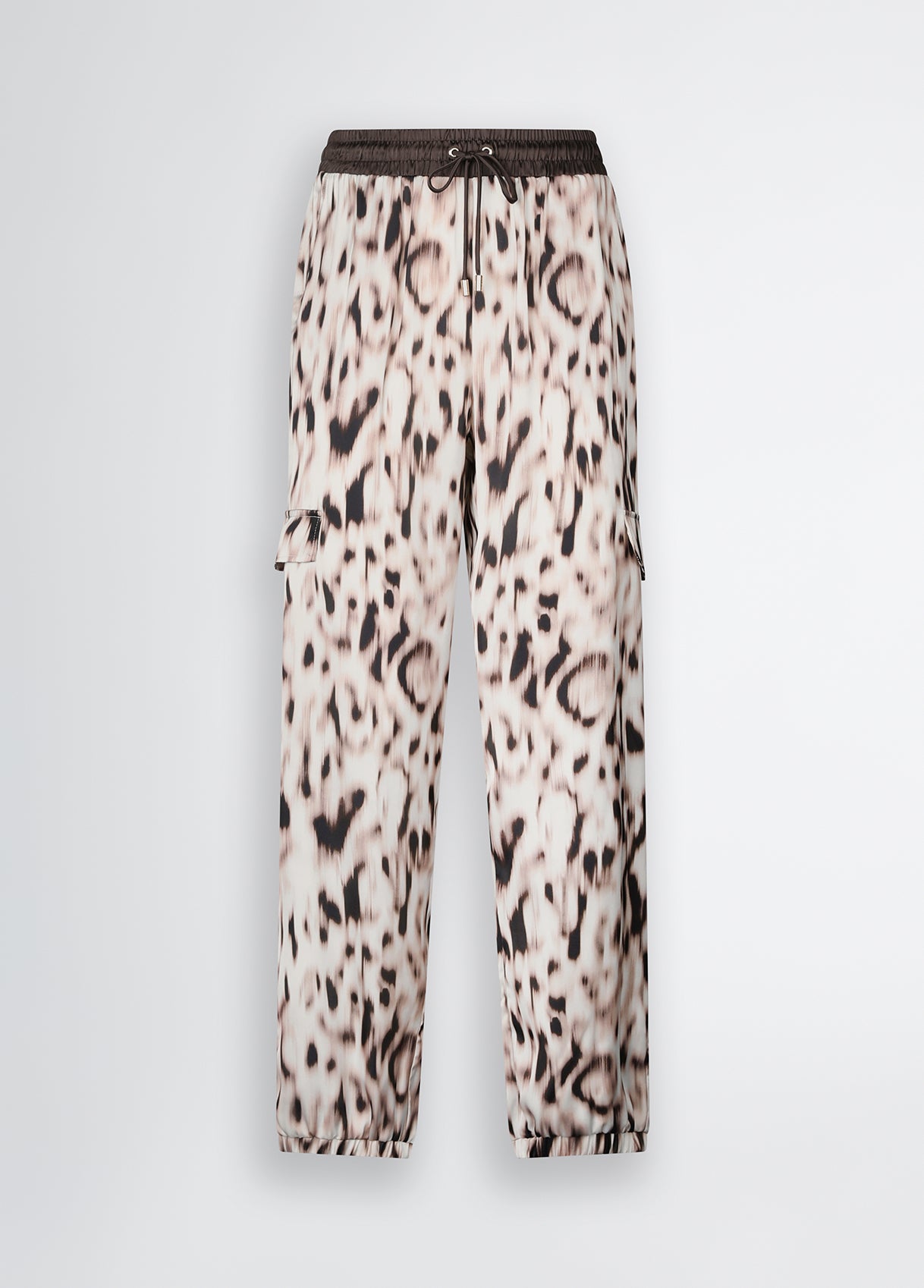 LIU JO Pantaloni jogger cargo in raso animalier marrone con molla sul fondo