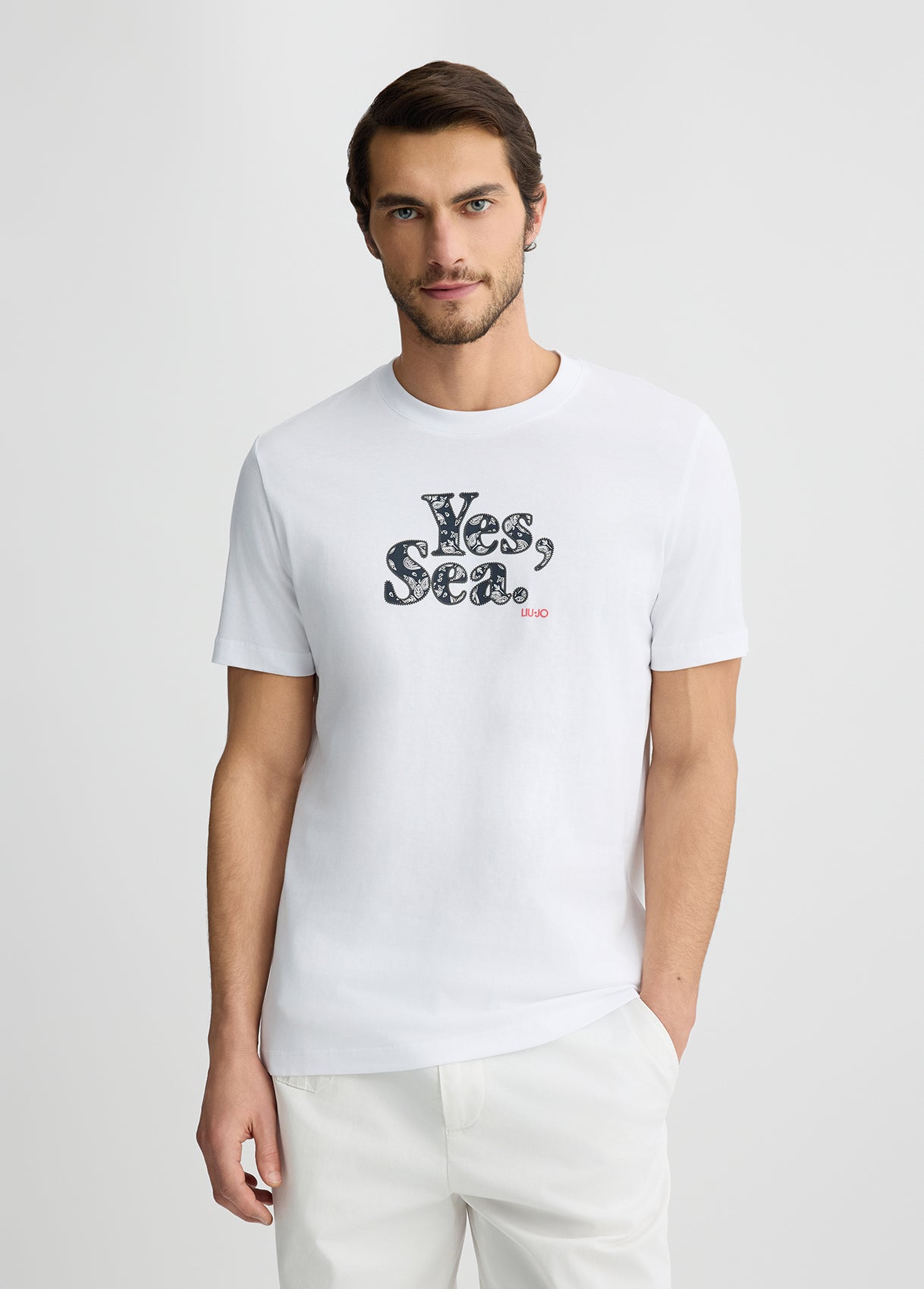 LIU JO T-Shirt uomo maniche corte girocollo bianca con stampa bandana frontale