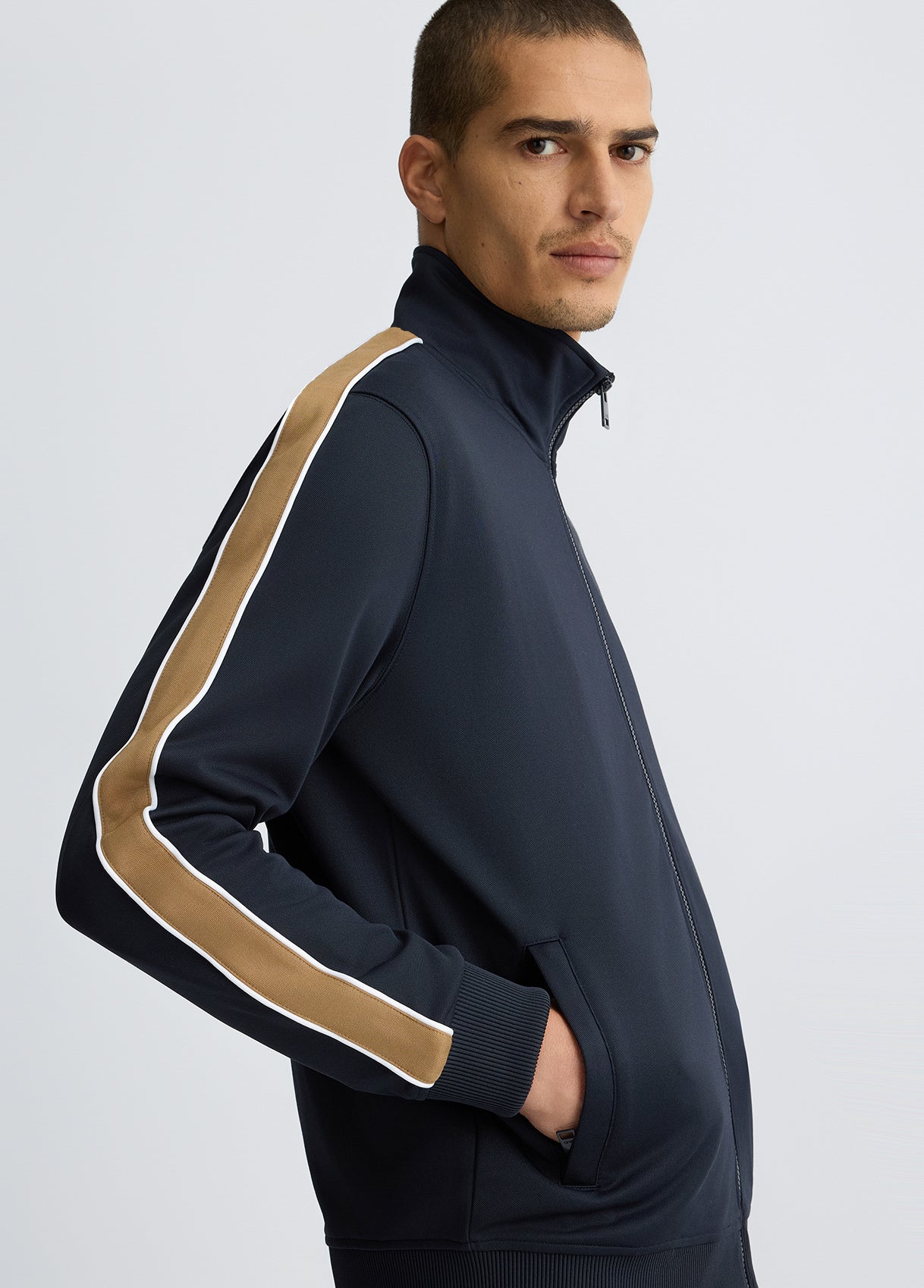 LIU JO Felpa da uomo in acetato blu con banda laterale sulle maniche in contrasto beige QA5133