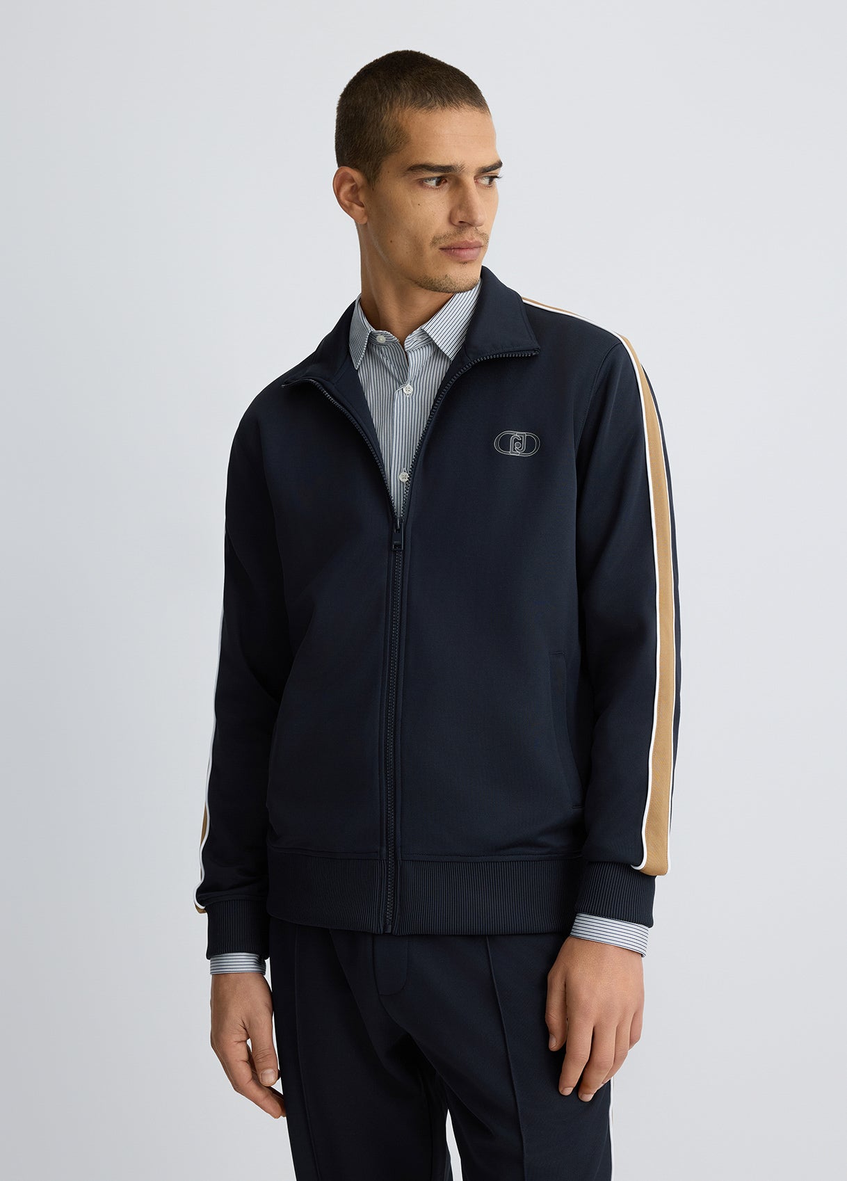 LIU JO Felpa da uomo in acetato blu con banda laterale sulle maniche in contrasto beige QA5133