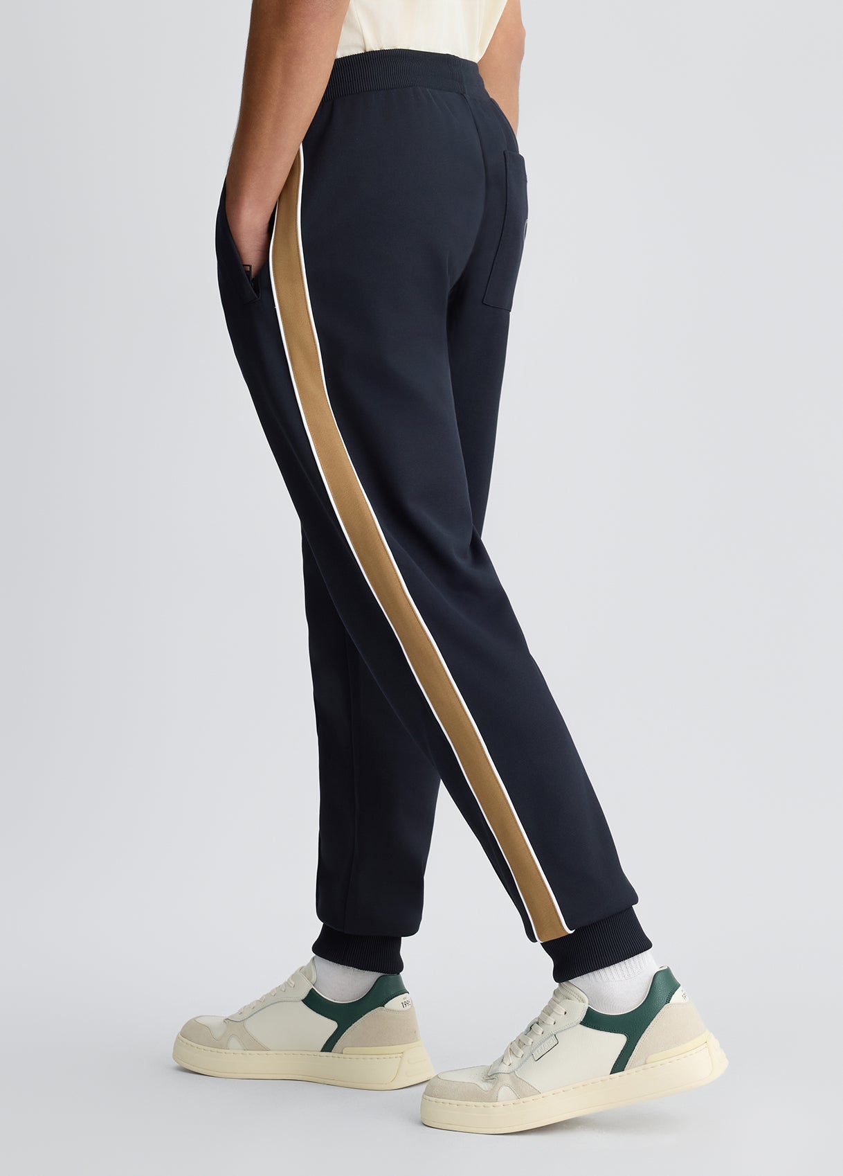 LIU JO Pantaloni da uomo in acetato blu con bande laterali in contrasto beige QA5134