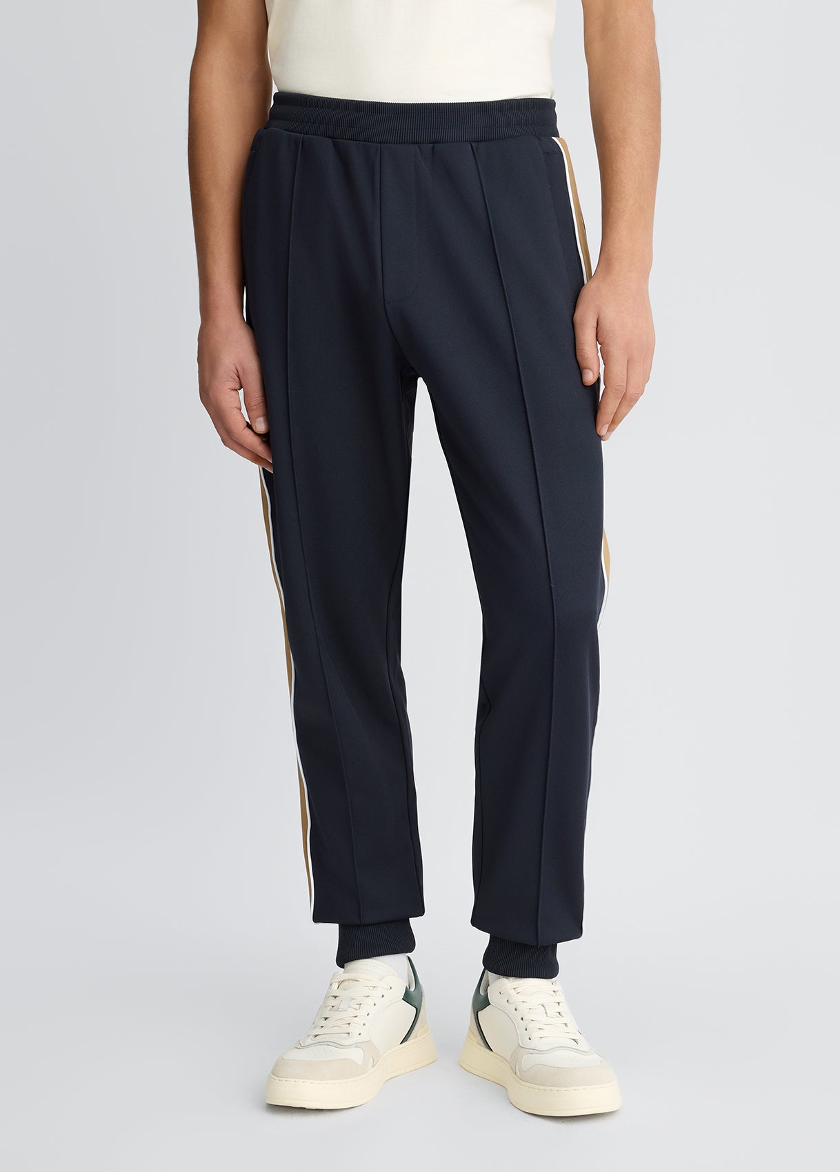 LIU JO Pantaloni da uomo in acetato blu con bande laterali in contrasto beige QA5134