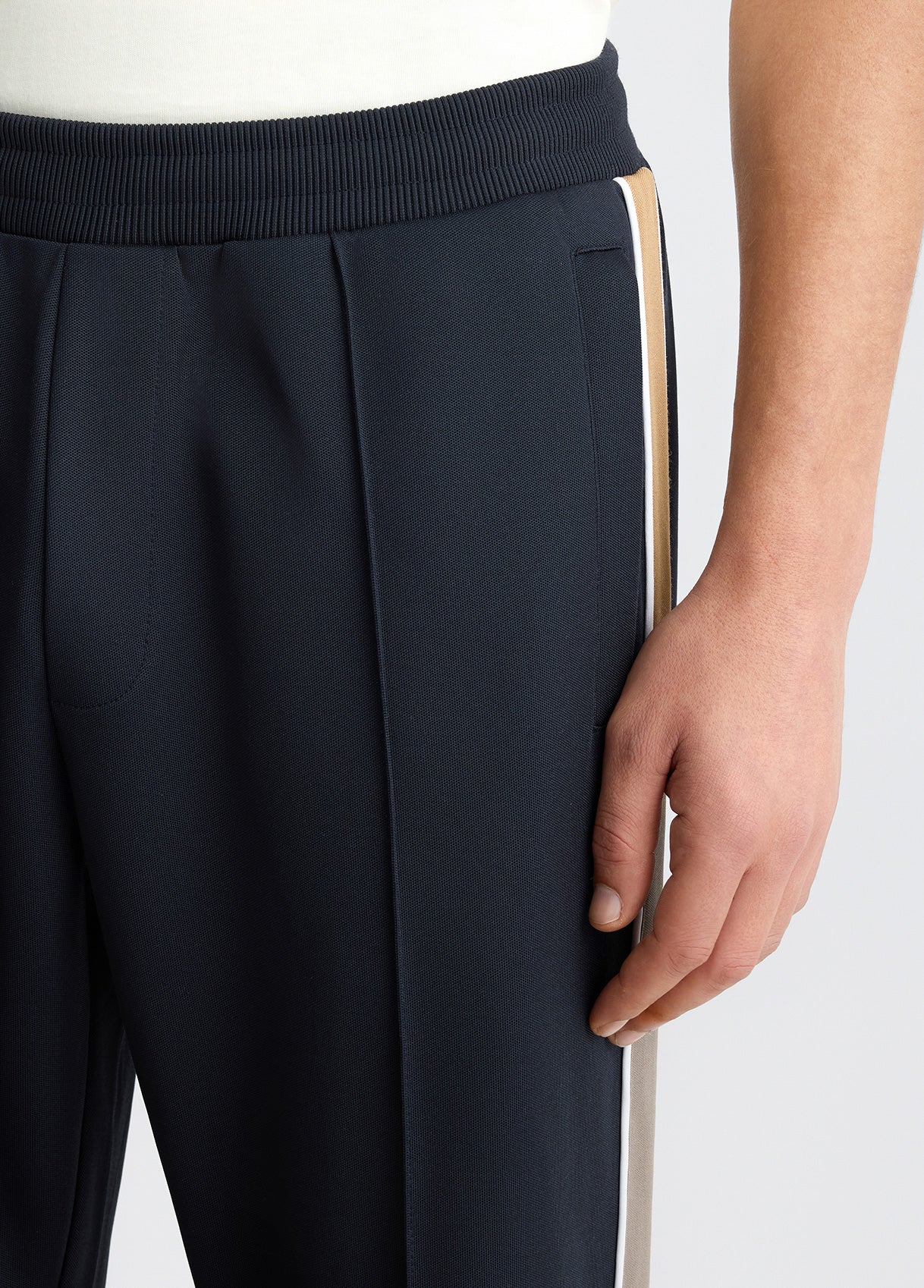 LIU JO Pantaloni da uomo in acetato blu con bande laterali in contrasto beige QA5134