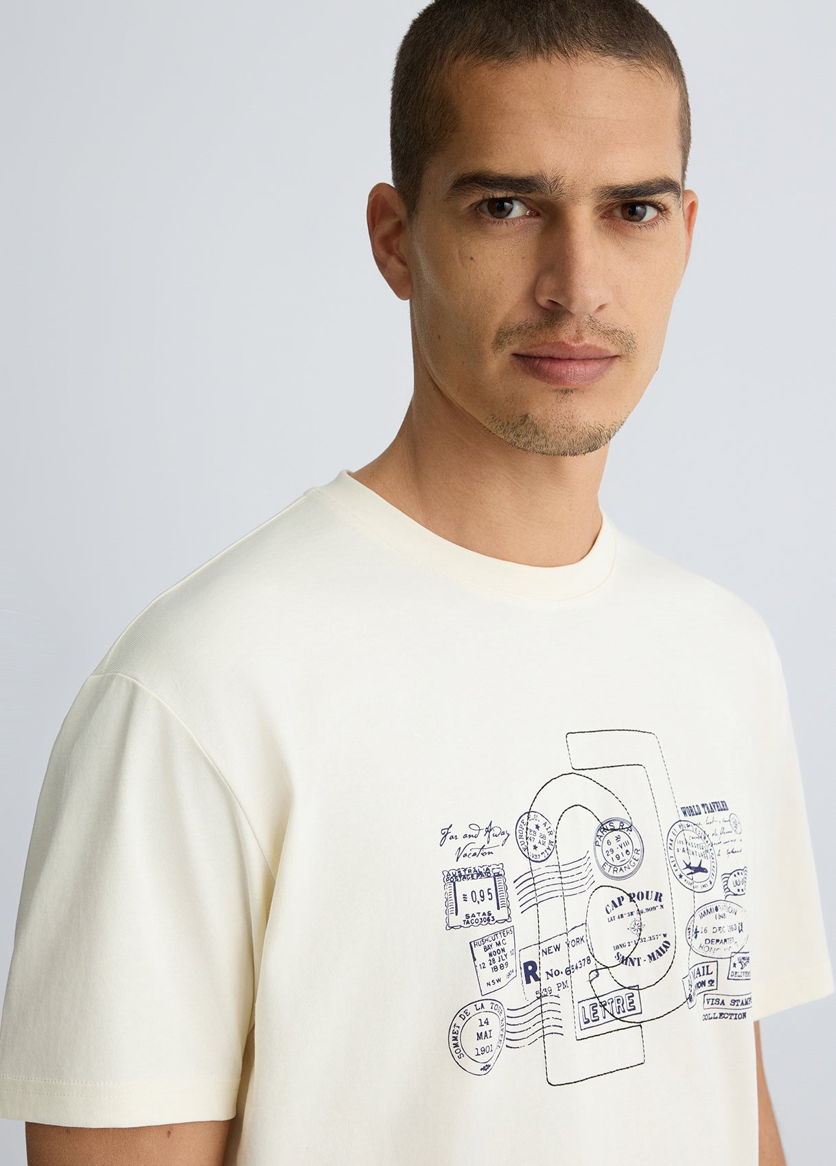 LIU JO T-Shirt maniche corte girocollo con stampa frontale blu timbri postali