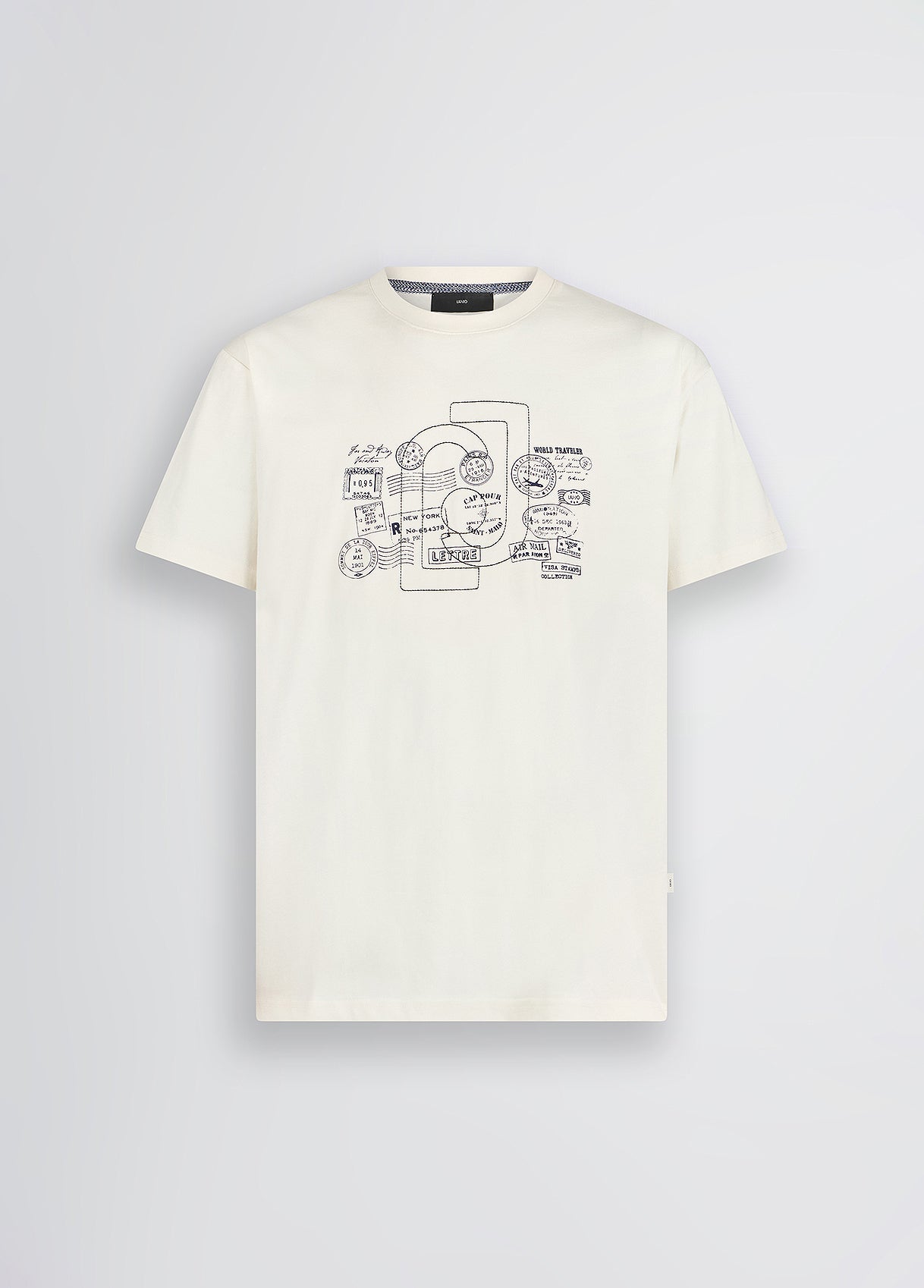 LIU JO T-Shirt maniche corte girocollo con stampa frontale blu timbri postali