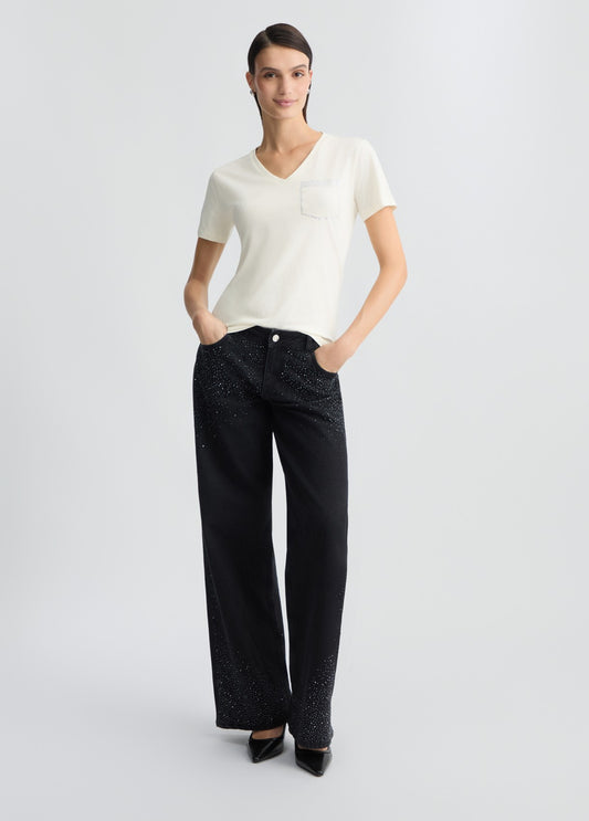 LIU JO T-Shirt maniche corte scollo a V con taschino di strass