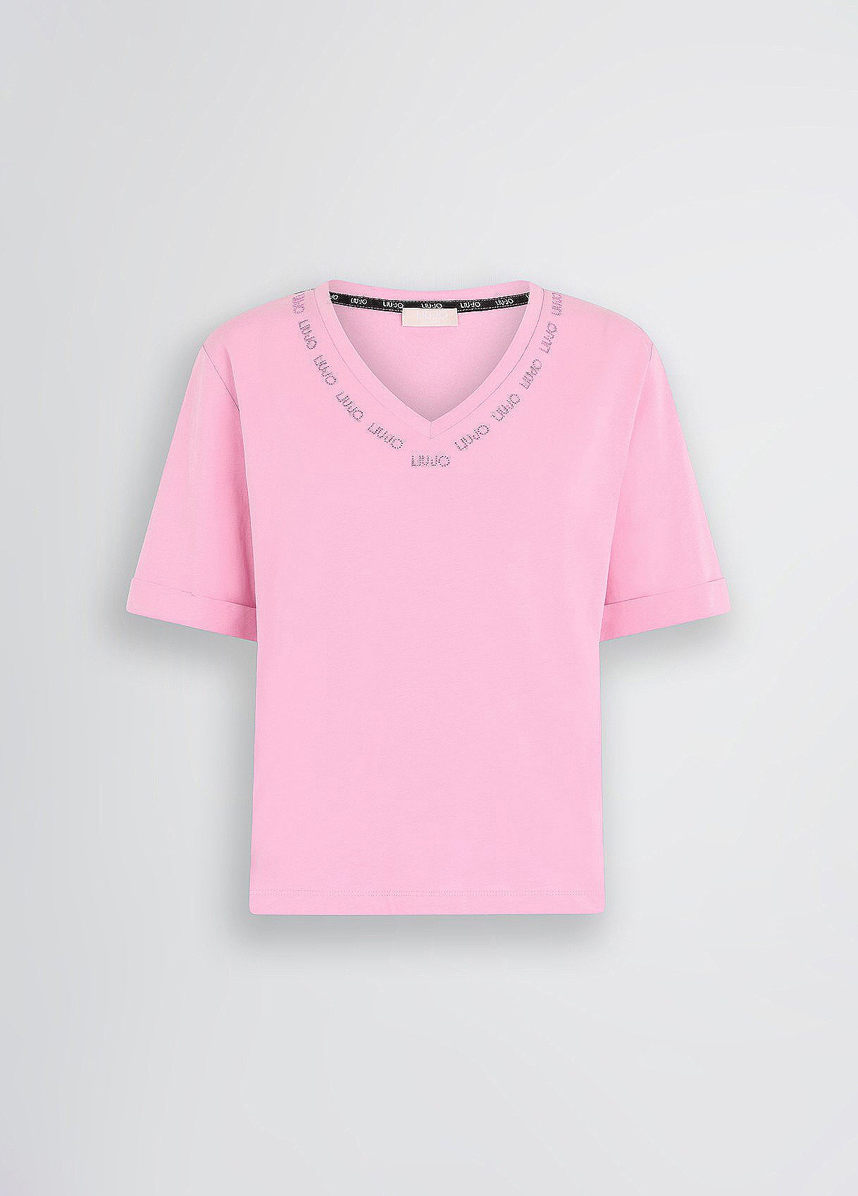 LU JO T-Shirt maniche corte a scatoletta scollo V con loghi intorno alla scollatura rosa e gialla