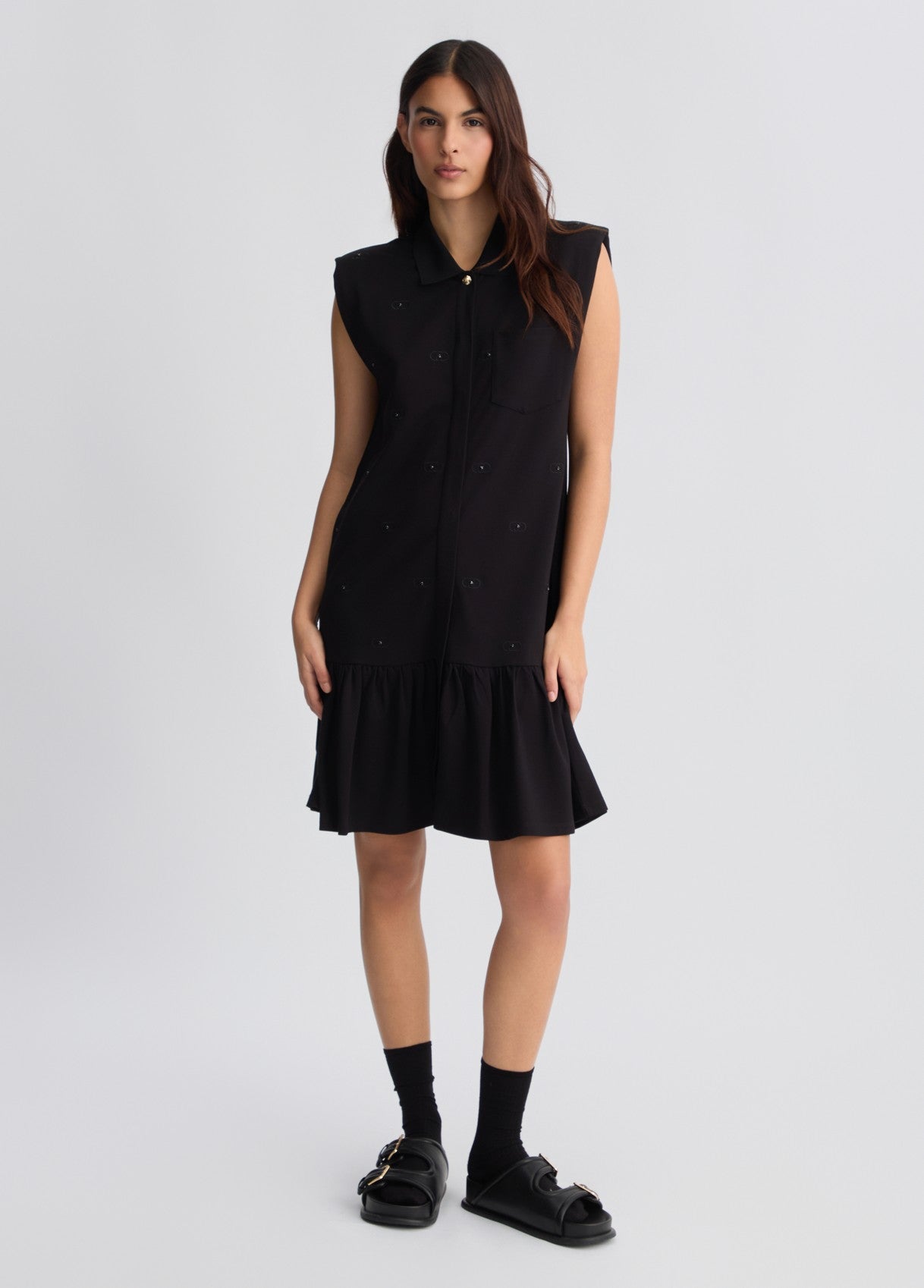LIU JO Vestito corto chemisier donna in jersey nero con loghi tono su tono all over e castoni