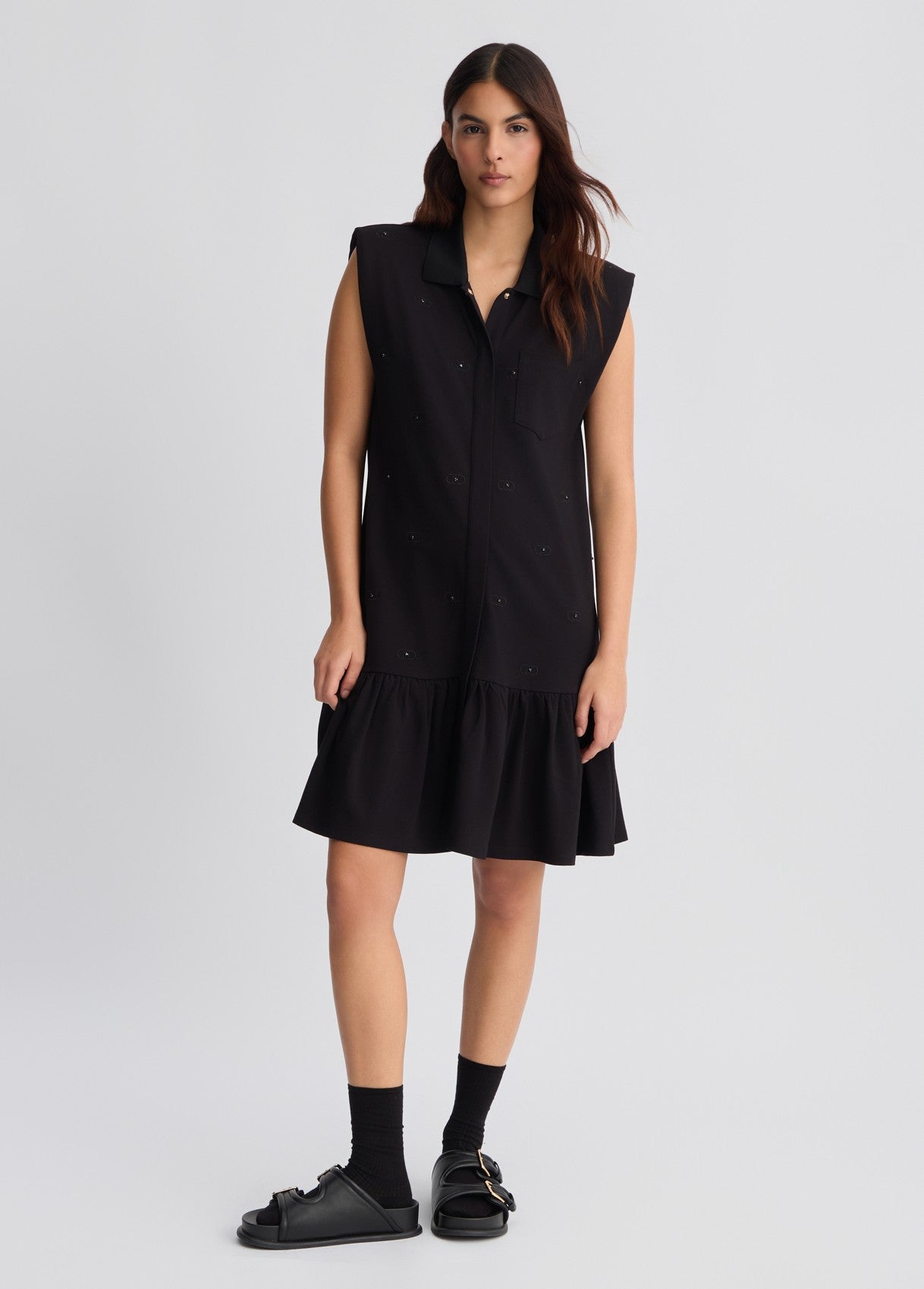 LIU JO Vestito corto chemisier donna in jersey nero con loghi tono su tono all over e castoni