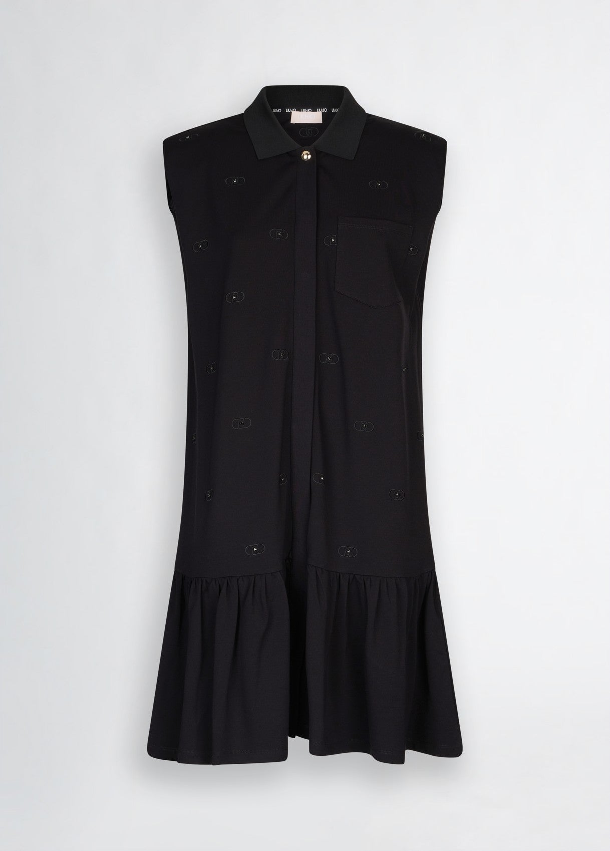 LIU JO Vestito corto chemisier donna in jersey nero con loghi tono su tono all over e castoni