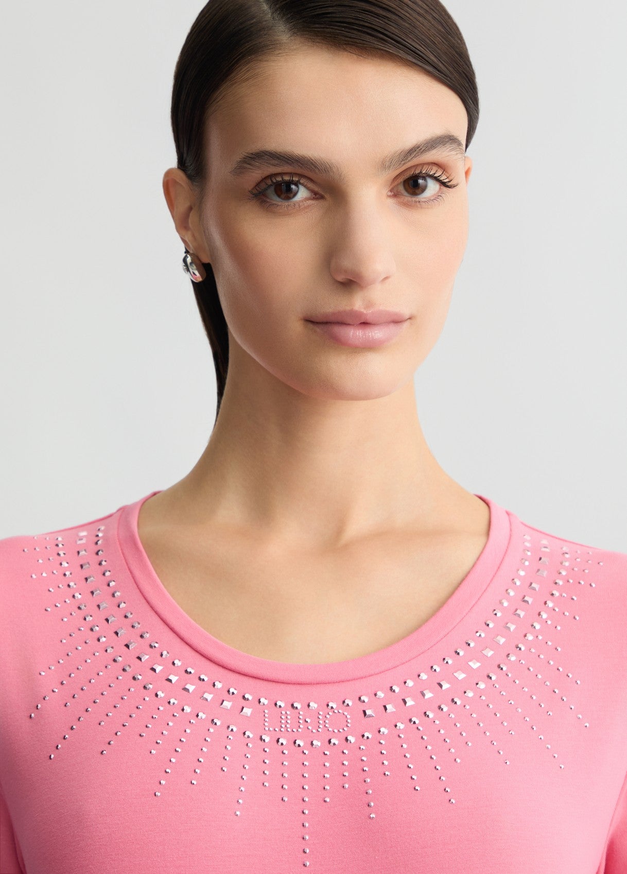 LIU JO T-Shirt maniche corte girocollo rosa con strass a raggiera rosa bianca o nera