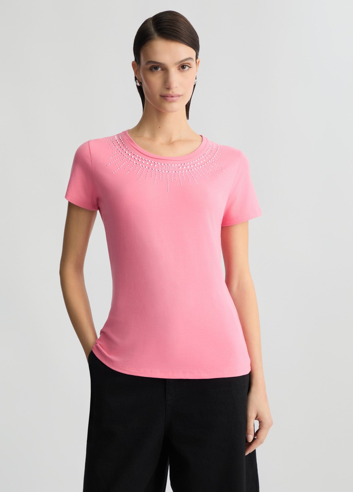 LIU JO T-Shirt maniche corte girocollo rosa con strass a raggiera rosa bianca o nera