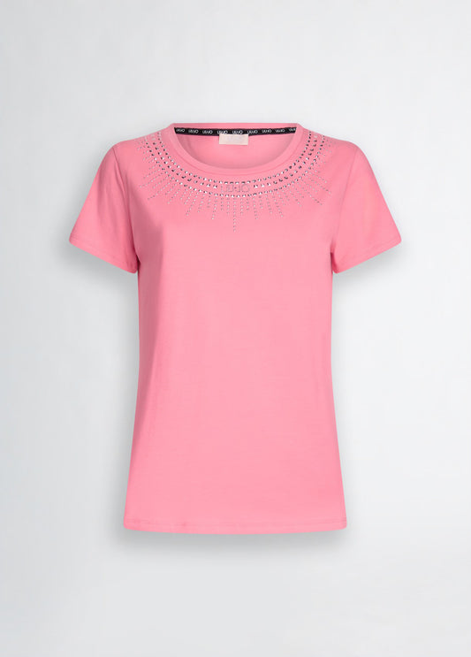 LIU JO T-Shirt maniche corte girocollo rosa con strass a raggiera rosa bianca o nera