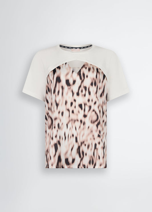 LIU JO T-Shirt maniche corte con oblò e inserto in raso stampa animalier