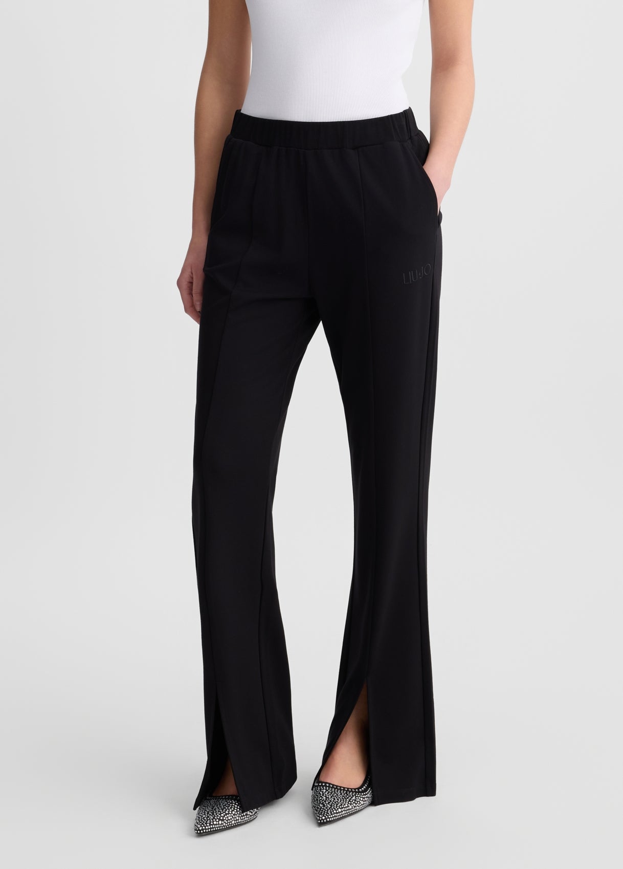 LIU JO Pantaloni flare in jersey con spacco frontale nero e blu