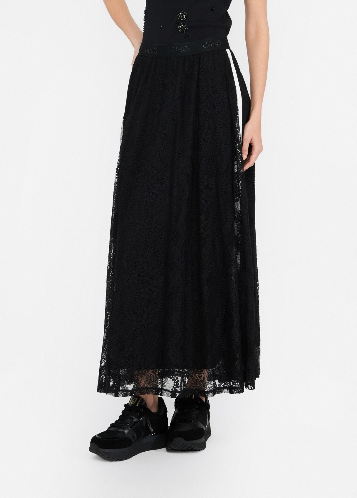 LIU JO Gonna in pizzo nera con molla logata in vita e bande laterali in contrasto TF5260