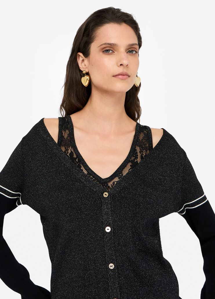 LIU JO Maglia cardigan in filo lurex con dettagli in pizzo