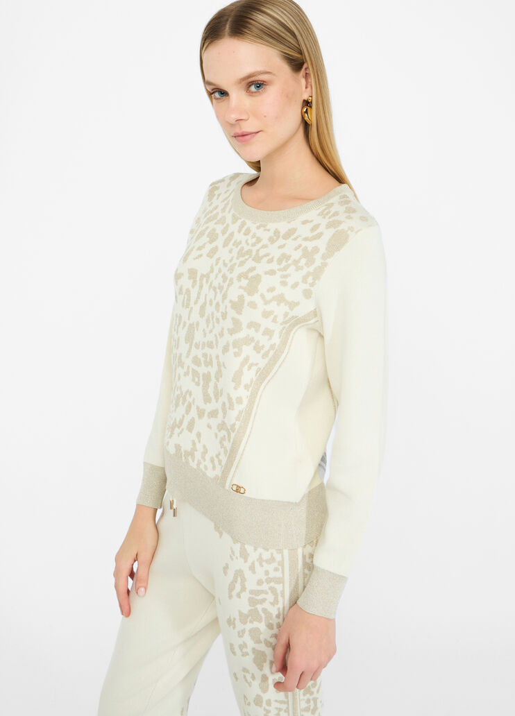 LIU JO Maglia girocollo intarsiata animalier panna