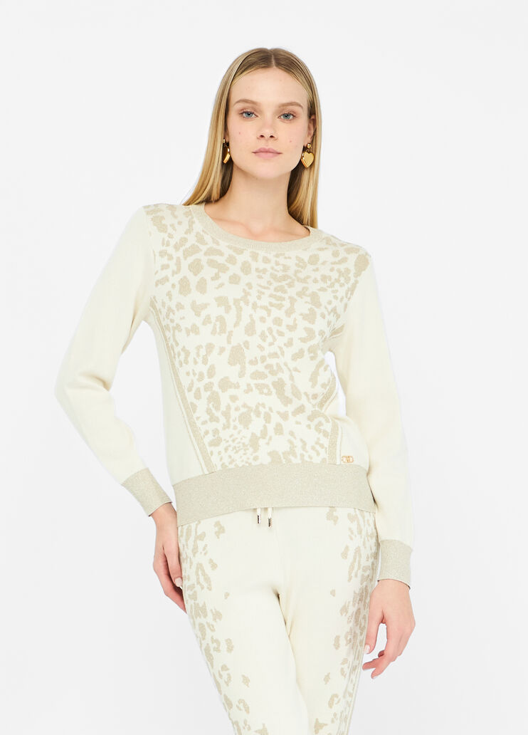 LIU JO Maglia girocollo intarsiata animalier panna