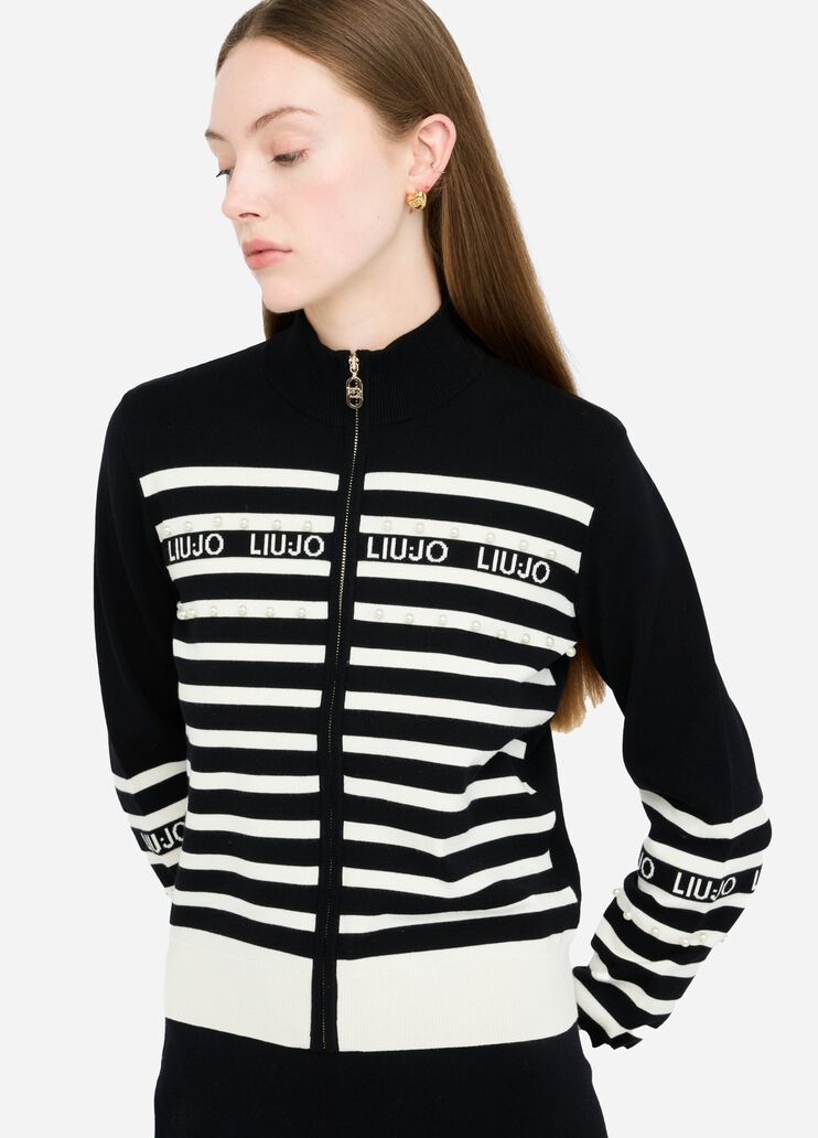 LIU JO Maglia cardigan rigato bianco nero con perle