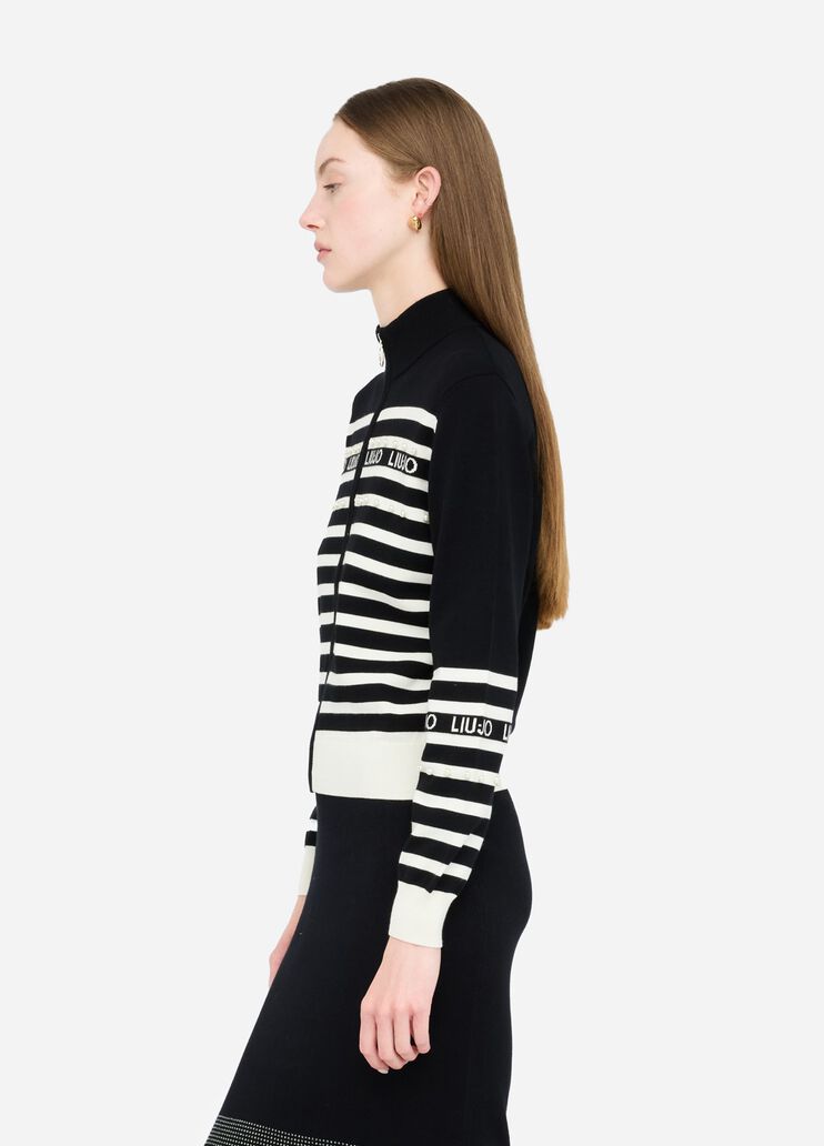 LIU JO Maglia cardigan rigato bianco nero con perle